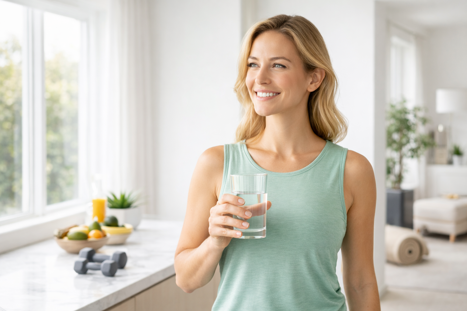 Woman holding a glass of water in a bright home setting, representing daily wellness and healthy lifestyle with wellness supplements