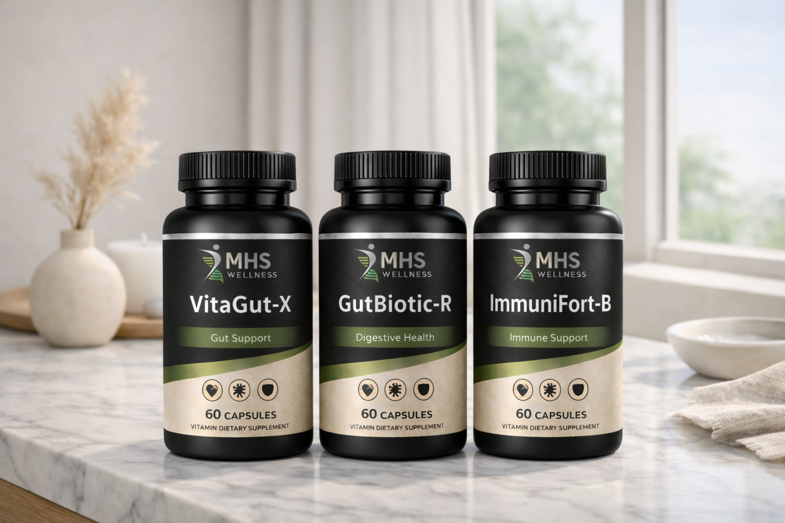 MHS Wellness supplement bottles for gut health and immune support displayed in a bright, clean home setting